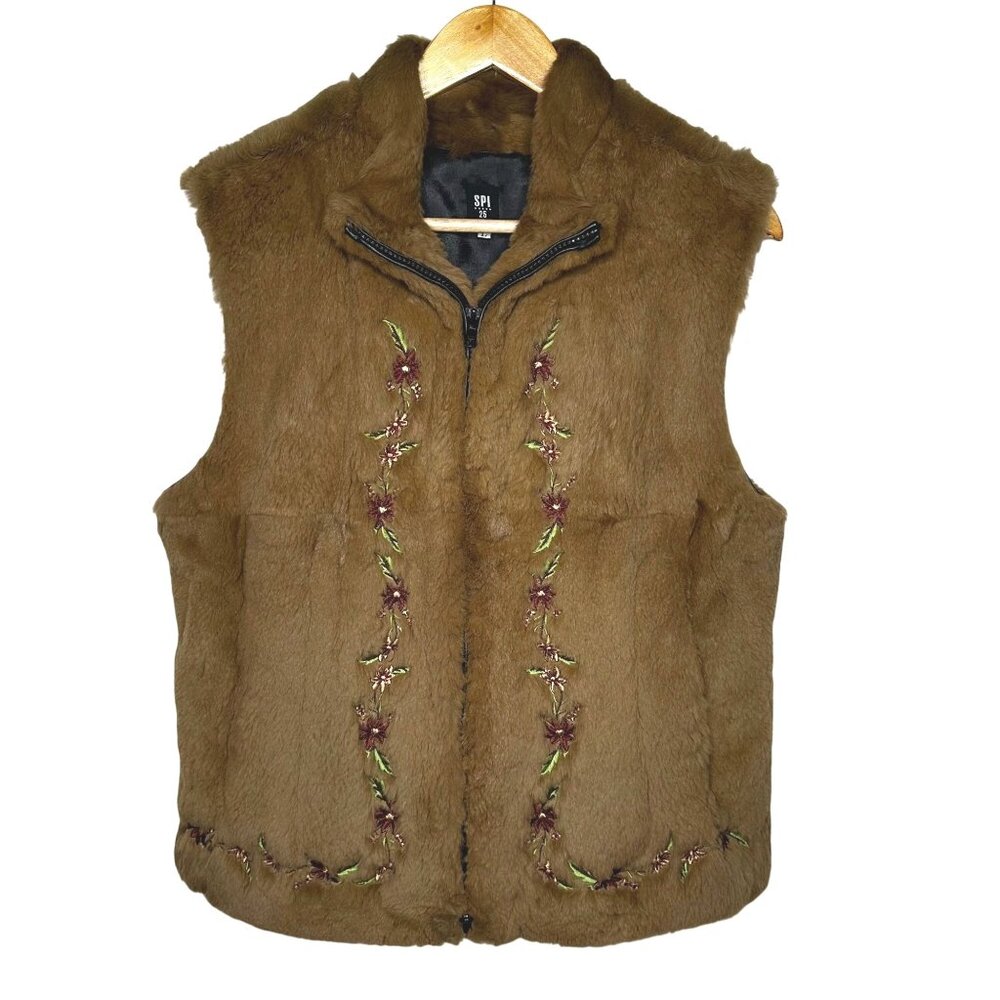 VTG SPI 25 Natural Lapin Rabbit Fur Vest L Double Zip Boho Cottagecore Layering